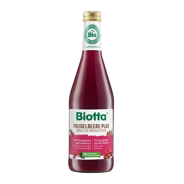 Genießen Sie die natürliche Frische von Biotta Preiselbeer - ein erfrischendes Getränk voller Beerenaromen.
