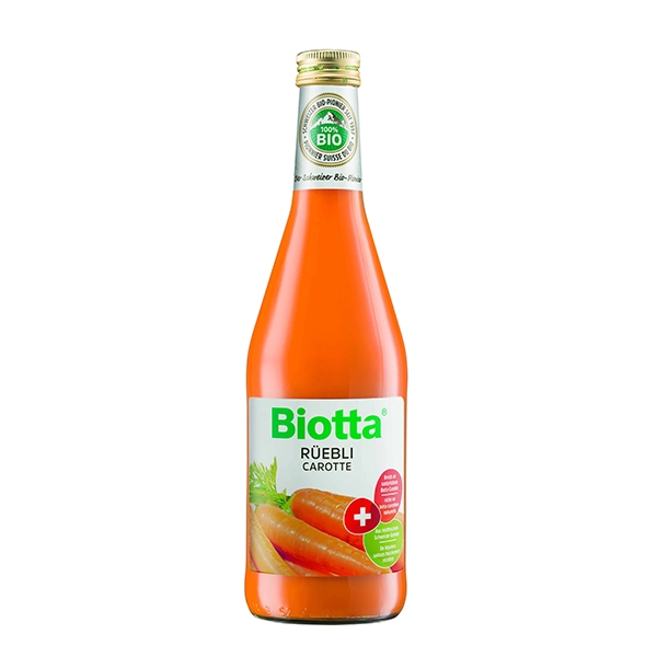 Genießen Sie die natürliche Süße von Biotta Rüeblisaft - ein erfrischendes Getränk aus sorgfältig gepressten Karotten.