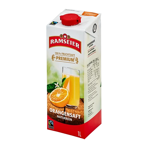 Tauchen Sie ein in die sonnige Frische von Ramseier Premium 100% Orangensaft im praktischen Tetra Pack.