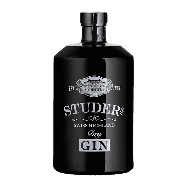 Gin Swiss Highland Dry Studer: Eine Flasche des klassischen Dry Gins mit schweizerischer Eleganz und erlesenen Botanicals