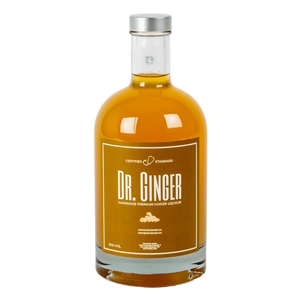 Dr. Ginger Ingwer Likör: Eine Flasche des aromatischen Likörs mit dem intensiven Geschmack von Ingwer und erfrischender Raffinesse