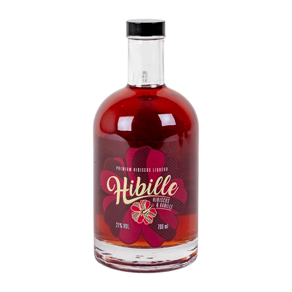 Hibille Hibiskus-Vanille Likör: Eine Flasche des exquisiten Likörs mit dem Aroma von Hibiskusblüten und zarter Vanille