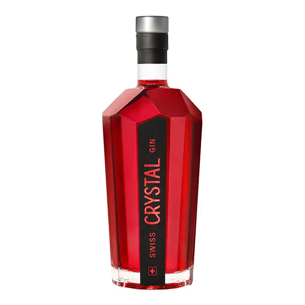 Swiss Crystal Gin Red Rugenbräu: Eine Flasche des kristallklaren Gins mit schweizerischer Raffinesse und einer tiefroten Note