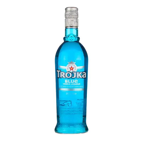 Vodka Blue Trojka Likör: Eine Flasche des blauen Wodka-Likörs mit fruchtigem und erfrischendem Charakter.